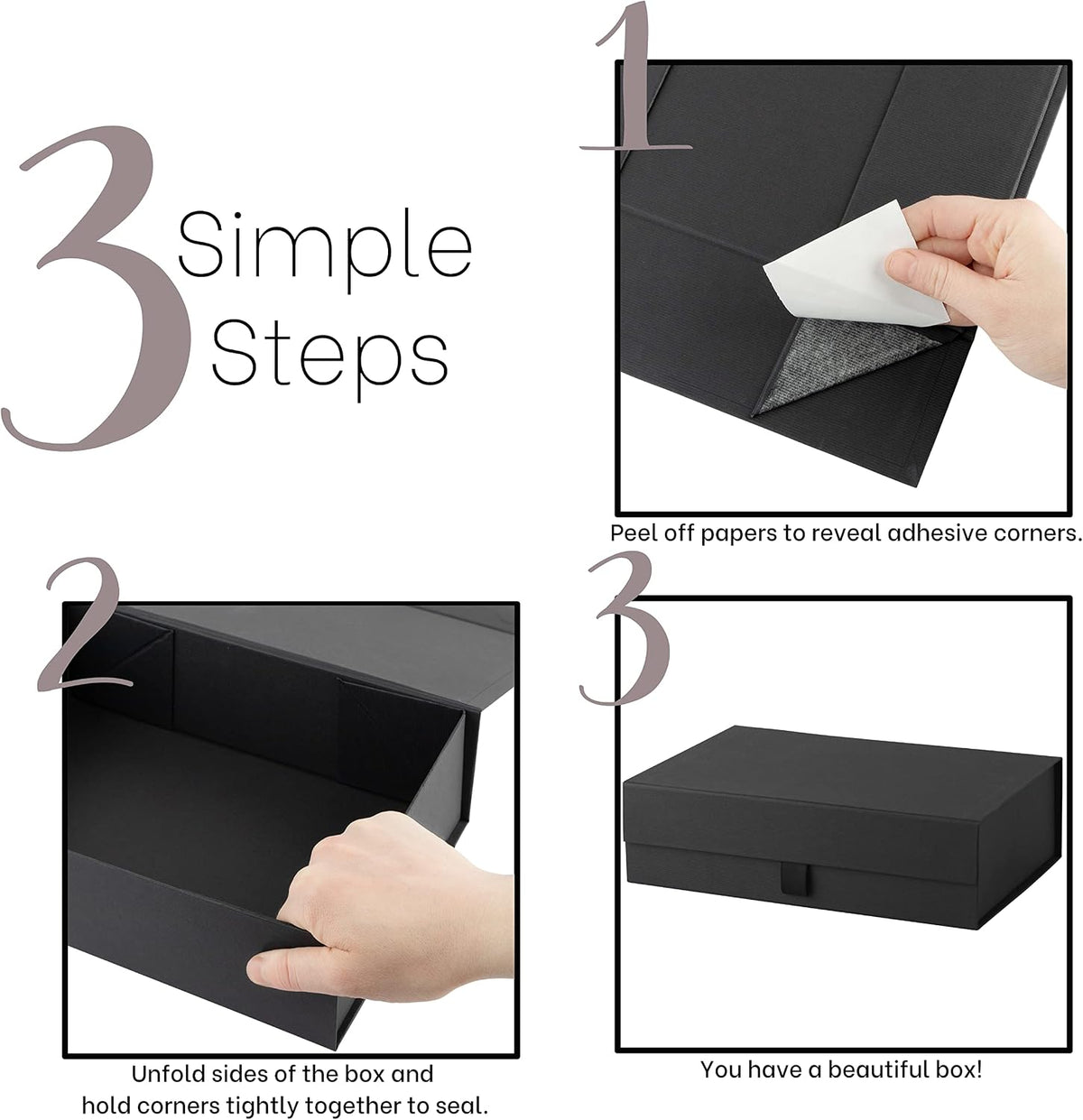 Hard Black Gift Box With Magnetic Closure Lid 10.5"x7"x3" Pack Of 2 Black Ribbed Rectangle Favor Boxes With Black