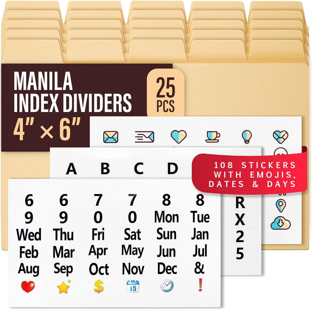 4x6 Index Card Dividers with Tabs, Recipe Card Box Organizer Dividers 4 x 6 | 25 Heavyweight 4x6 Dividers With Tabs