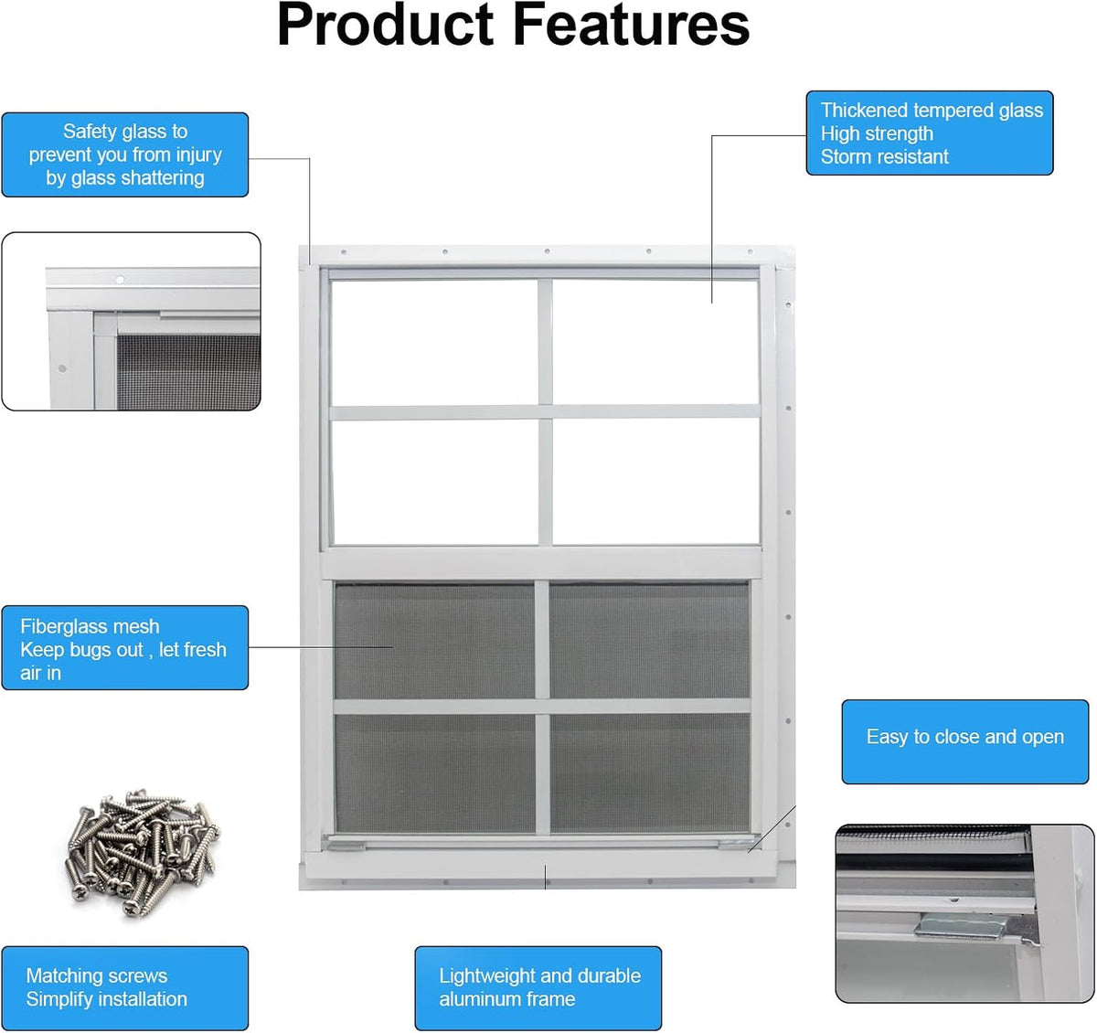 2 Pack Shed Window, 18" x 23" Flush Mount Window with Tempered Glass and Fiberglass Screen for Shed, Chicken Coop