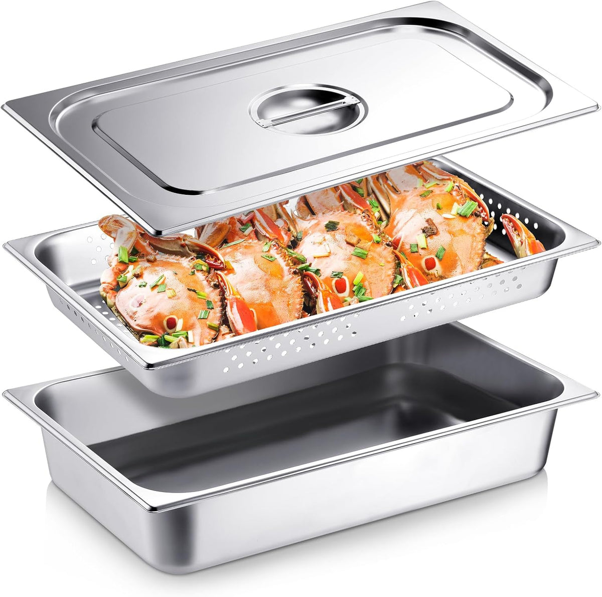 3 Pack Full Size Hotel Pan with Lid, 2.6 Inch, 4 Inch