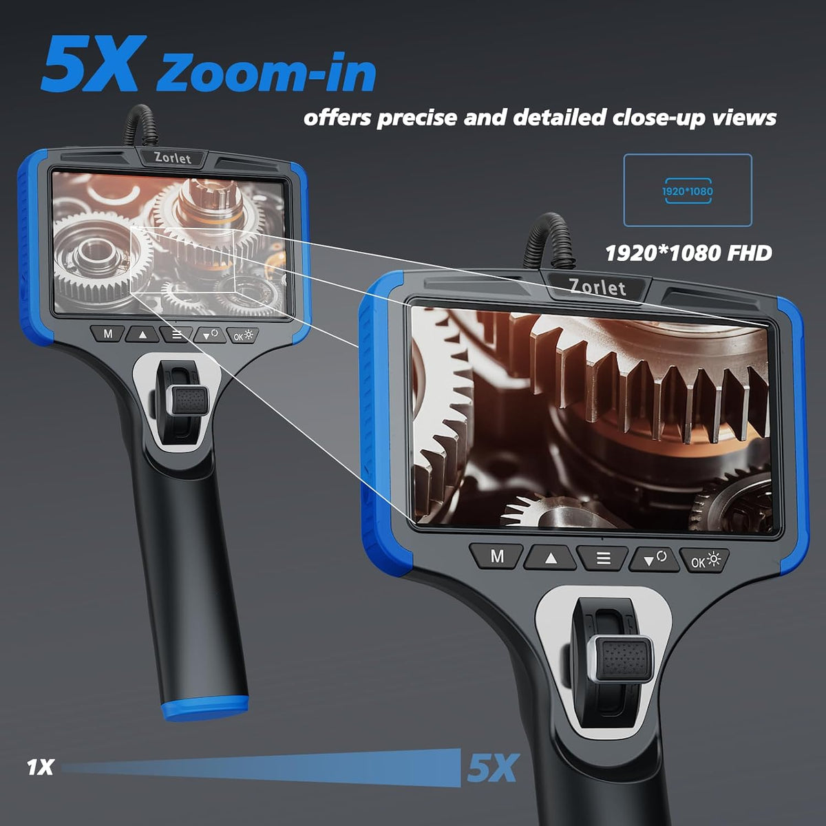 2-Way Articulating Borescope, 0.25in/6.3mm Probe, 5" Screen, 5FT
