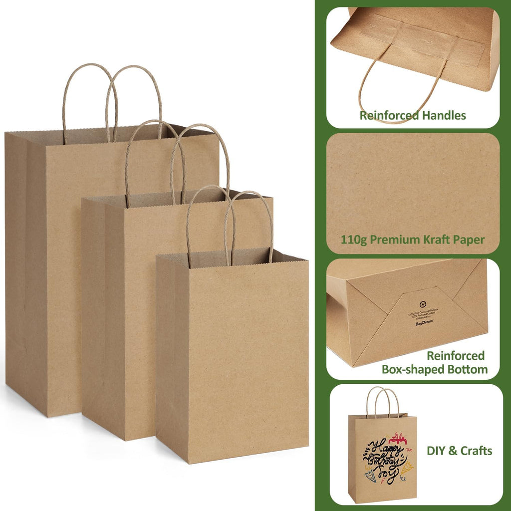 75 Pack Kraft Paper Gift Bags with Handles Assorted Sizes Brown