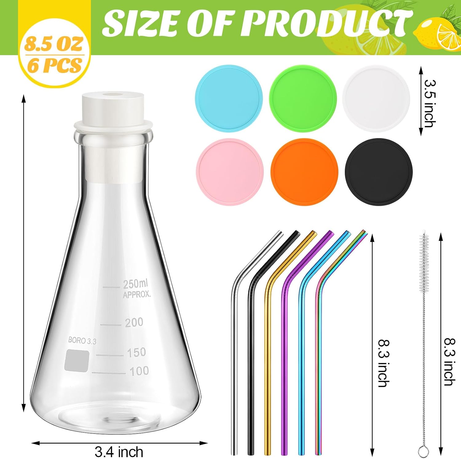 25 Pcs Chemistry Flask Glasses, 6 Set 8.5 Oz,Lab Flask | Science Beaker Mugs with Graduated Marks, Clear Tumblers