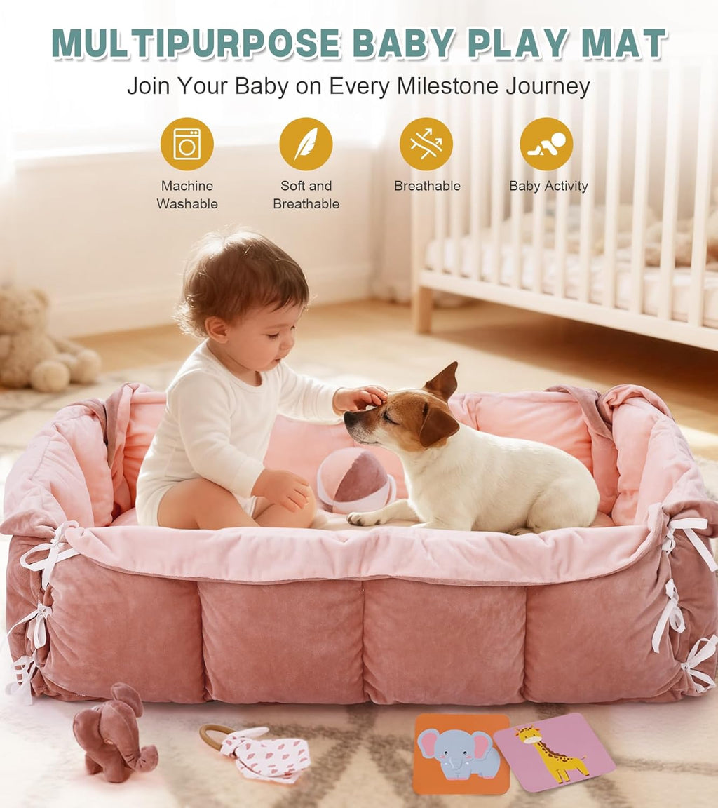 5-in-1 Baby Play Gym and Tummy Time Mat, 12 Learning Cards, Plush Activity Mat with 6 Toys, Baby Gym, Convertible to
