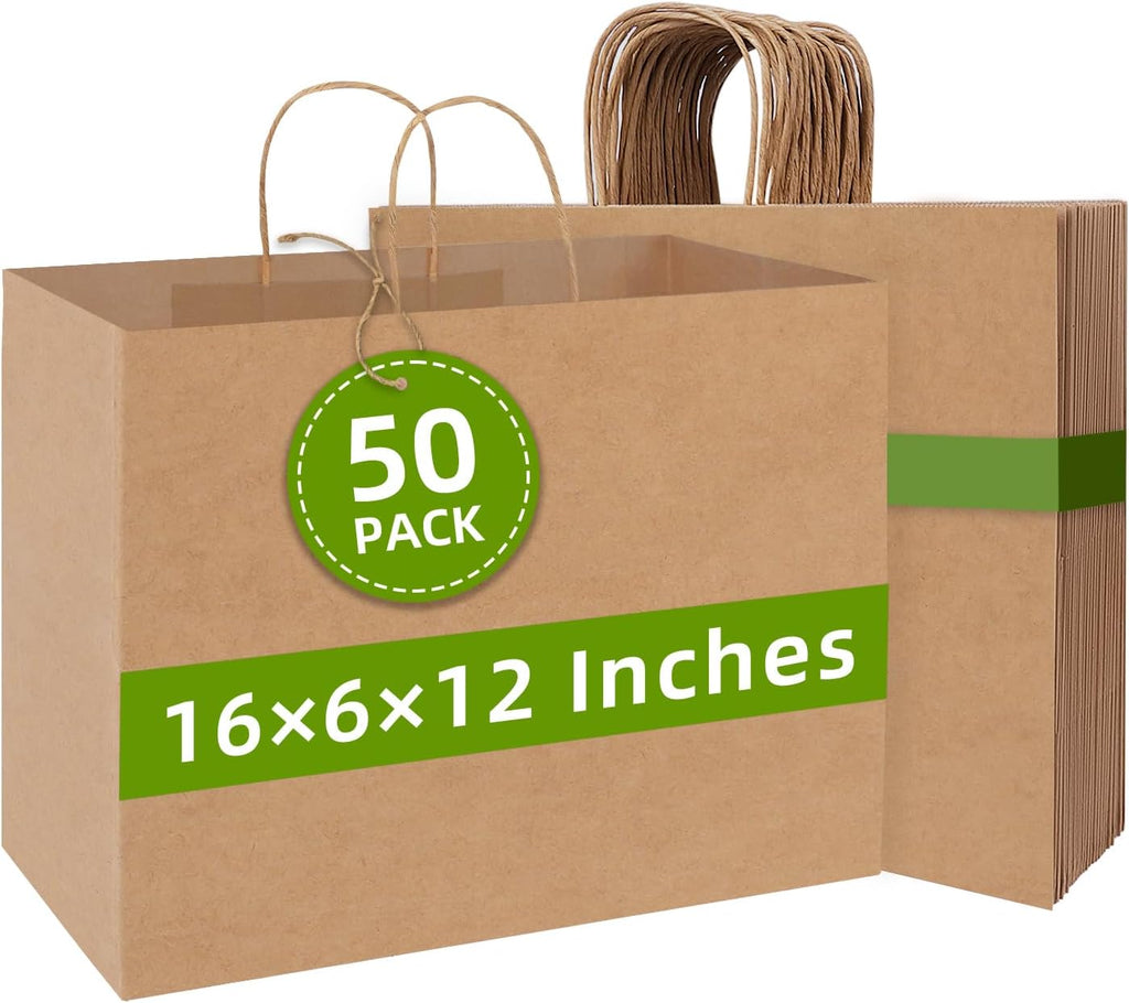 Large Kraft Gift Bag, 50 Pcs Brown Paper Shopping Bags with Handles | 16x6x12 Inches Recyclable Heavy-duty Kraft