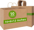 Large Kraft Gift Bag, 50 Pcs Brown Paper Shopping Bags with Handles | 16x6x12 Inches Recyclable Heavy-duty Kraft