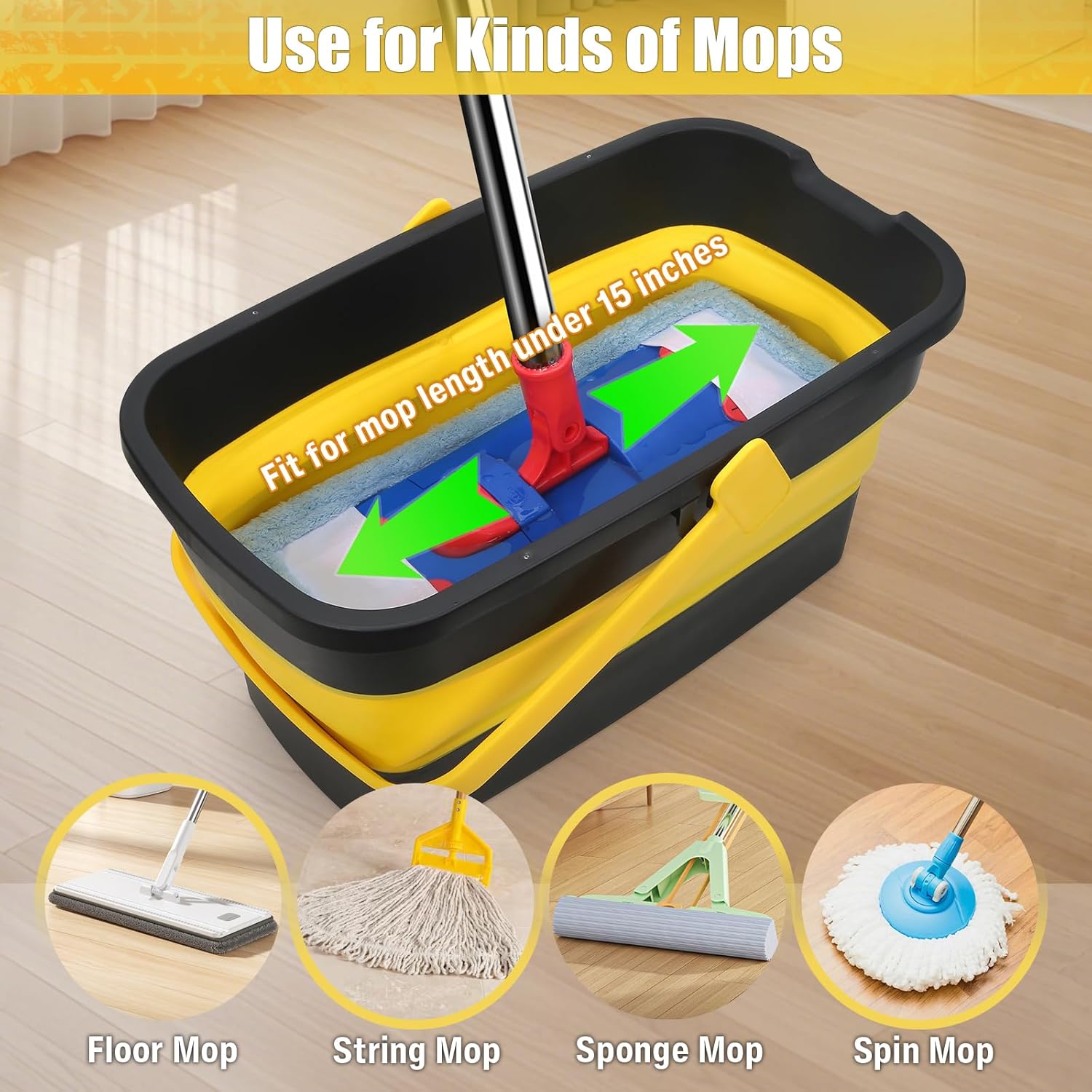 Collapsible Mop Bucket for Cleaning with Handle, Silicone Square Wash Bucket for Windows Cleaning Car