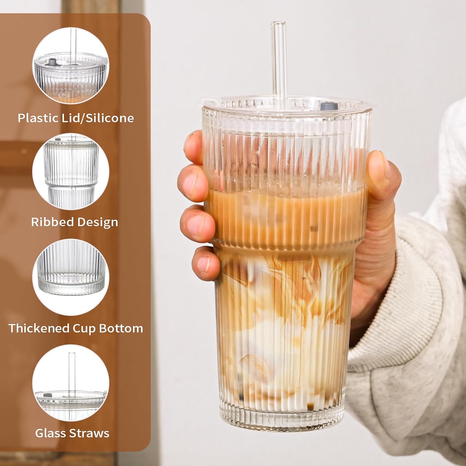 20oz Ribbed Glass Cups with Lids and Straws,1PCS Glass Tumbler with Straw and Lid,Iced Coffee Cups Drinking Glasses