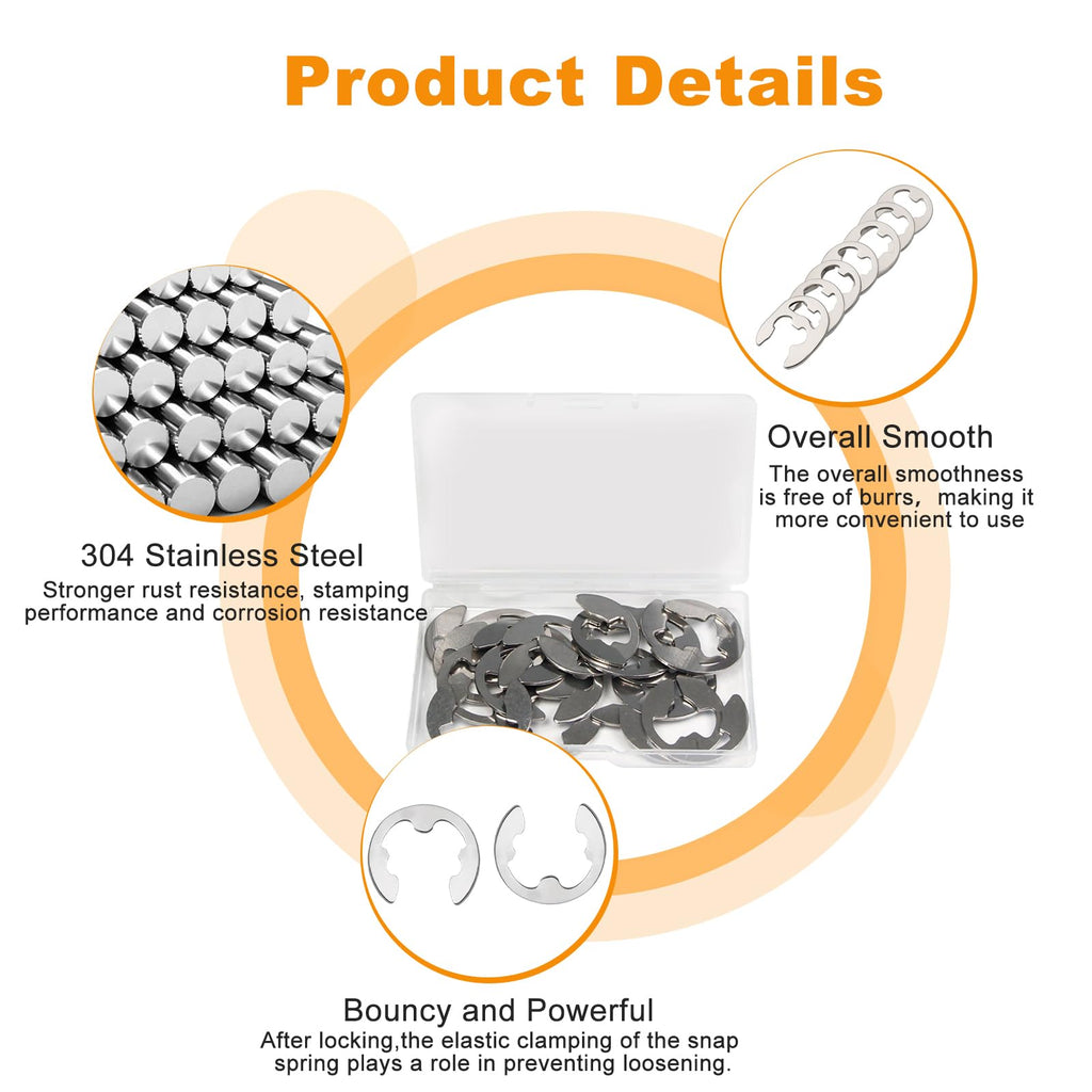 Juvielich 20Pcs M15 E-Clip Circlip, 304 Stainless Steel Snap Rings