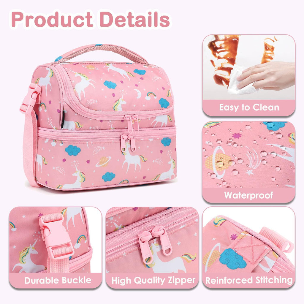 Kids Double Decker Cooler Insulated Lunch Bag Large Tote for Boys, Girls, Men, Women, With Adjustable Strap, Unicorn