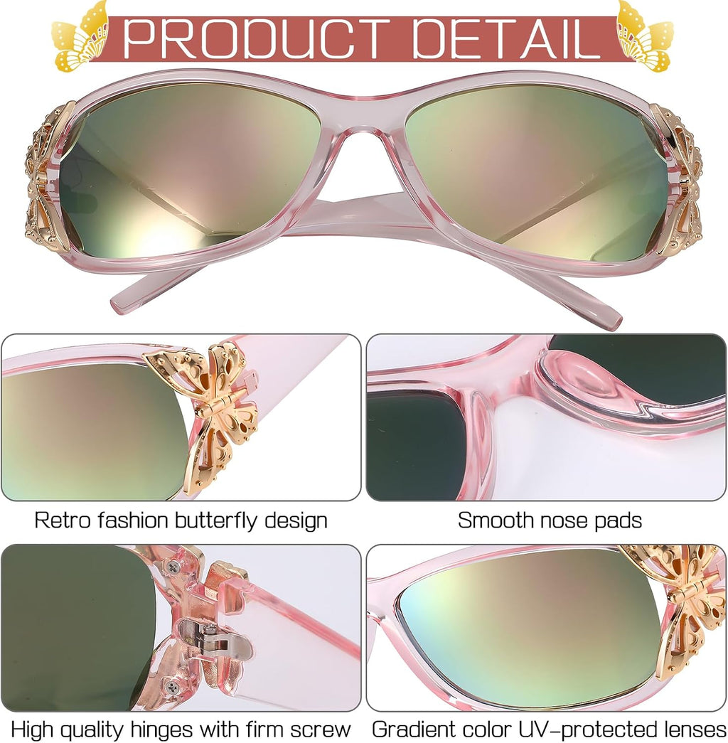 3 Pairs Y2K Sunglasses for Women, Fashion Wrap Around Butterfly Design Sun Glasses with UV400 Protection