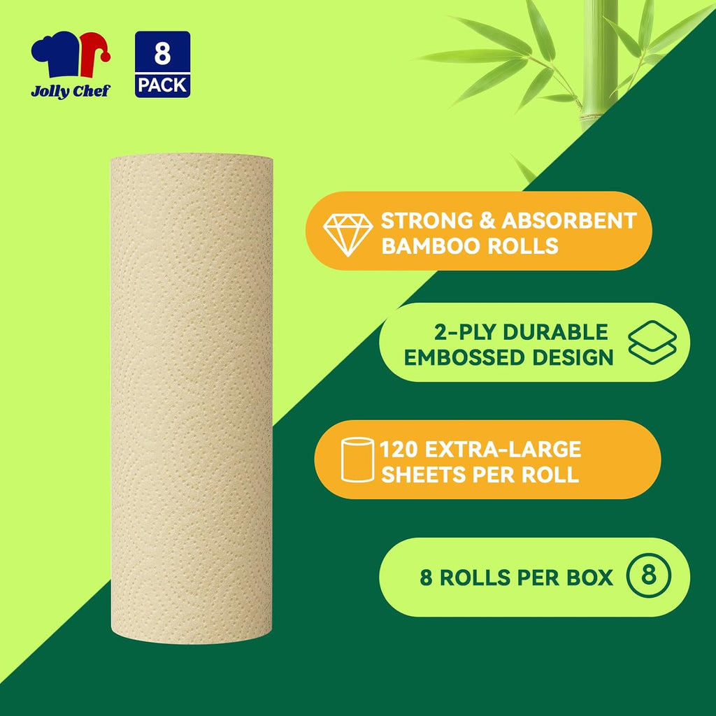 Bamboo Paper Towels, 8 Rolls, 2 Ply, 120 Sheets, Natural Brown