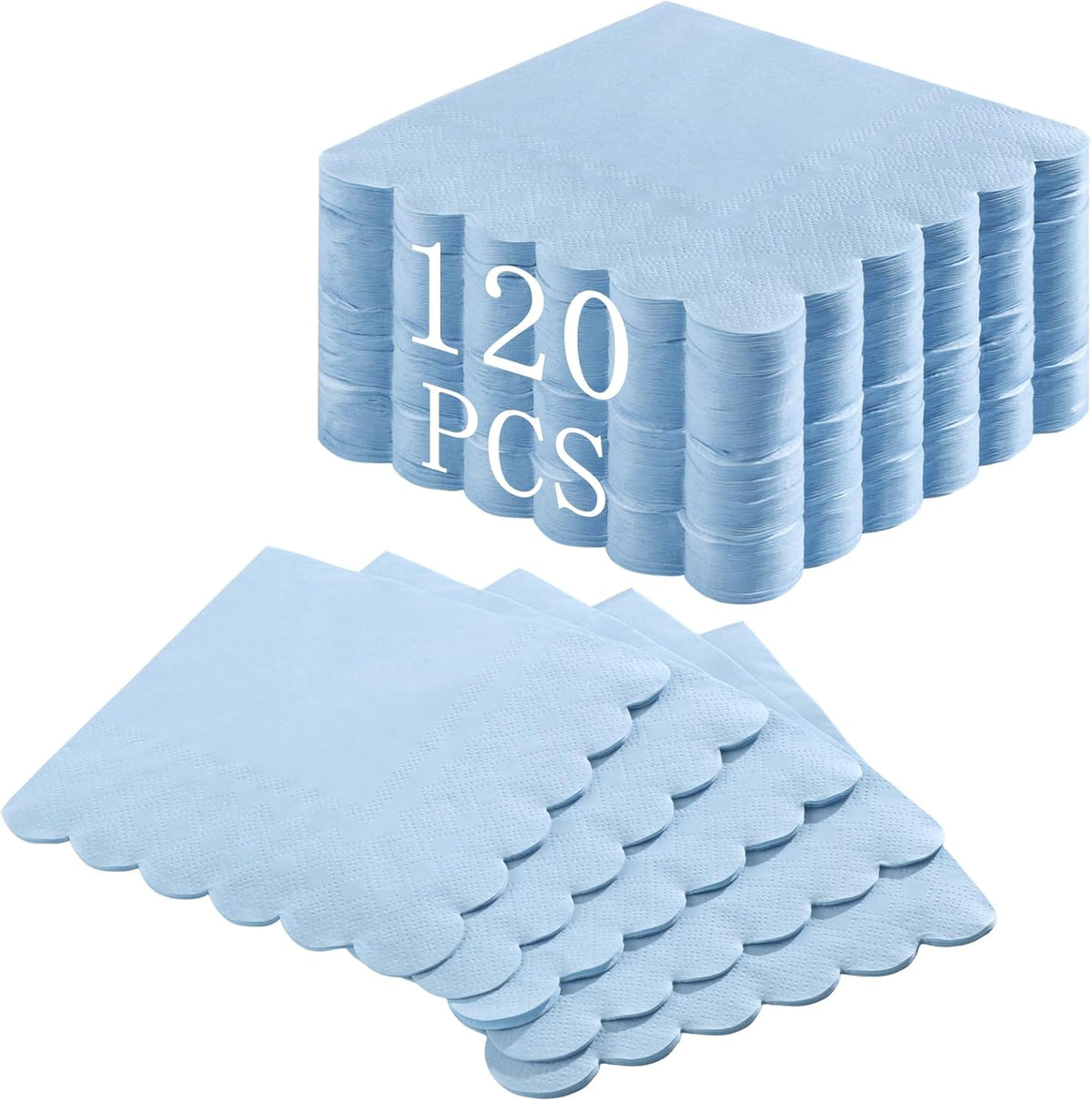 120 Pcs Cocktail Napkins Light Blue Napkins Scalloped, 5 Inch