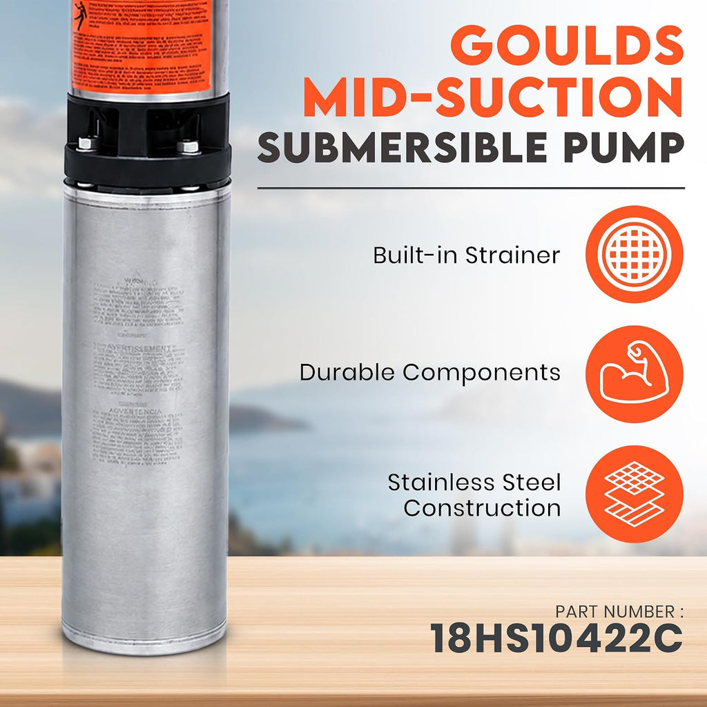 Goulds 25HS10422C, Mid-suction 4" Submersible Water Pump, 1 HP, 25 GPM, 230V, 1 PH, 2 Wire, 7 Stages, 5 Year Warranty