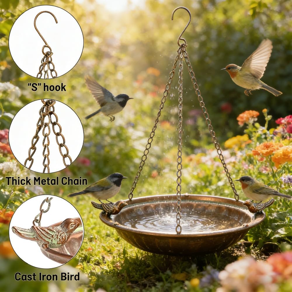 16" Hanging Bird Bath for Outdoors, Metal Bird Bath Bowl