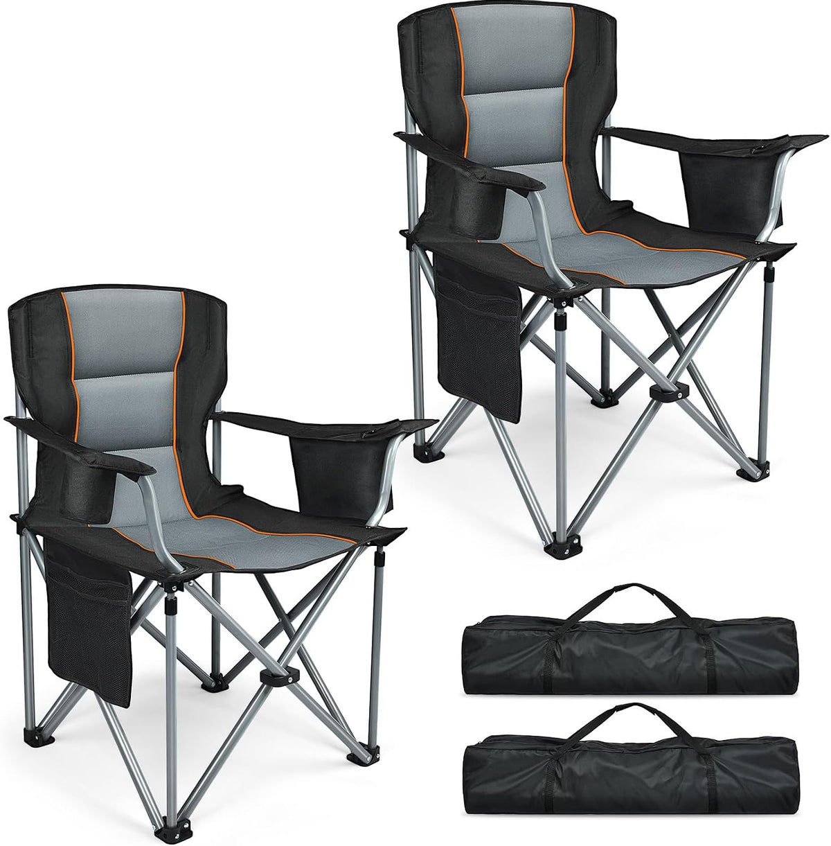 Camping Chairs, 2 Pack Oversized Heavy Duty Fully Padded Folding Chairs | with Cup Holder, Cooler Bag and Side