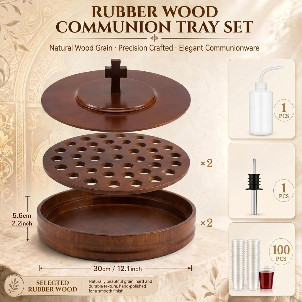 1 Set Wood Communion Tray Set for Church Holy Serving Tray with Lid Elegant 40 Cup Holders and 100 Disposable