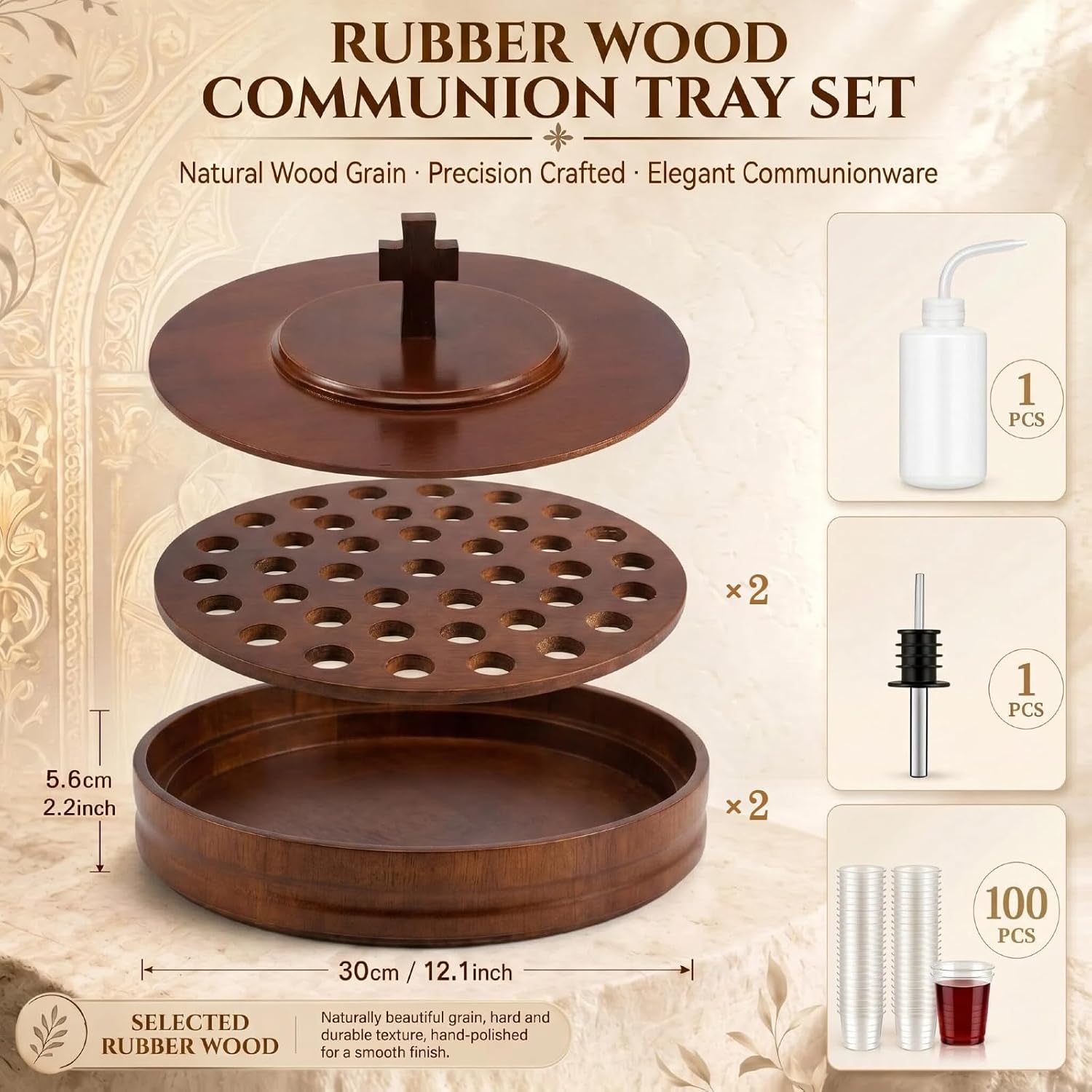 1 Set Wood Communion Tray Set for Church Holy Serving Tray with Lid Elegant 40 Cup Holders and 100 Disposable