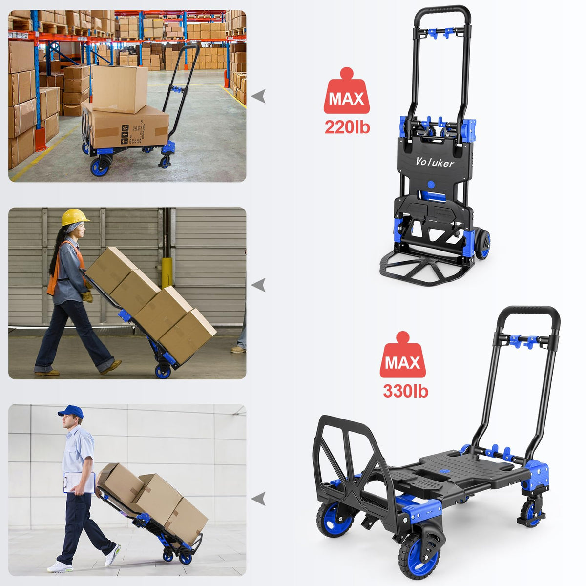 2-in-1 Foldable Hand Truck Dolly, 330lb Cart with Folding Basket, Blue