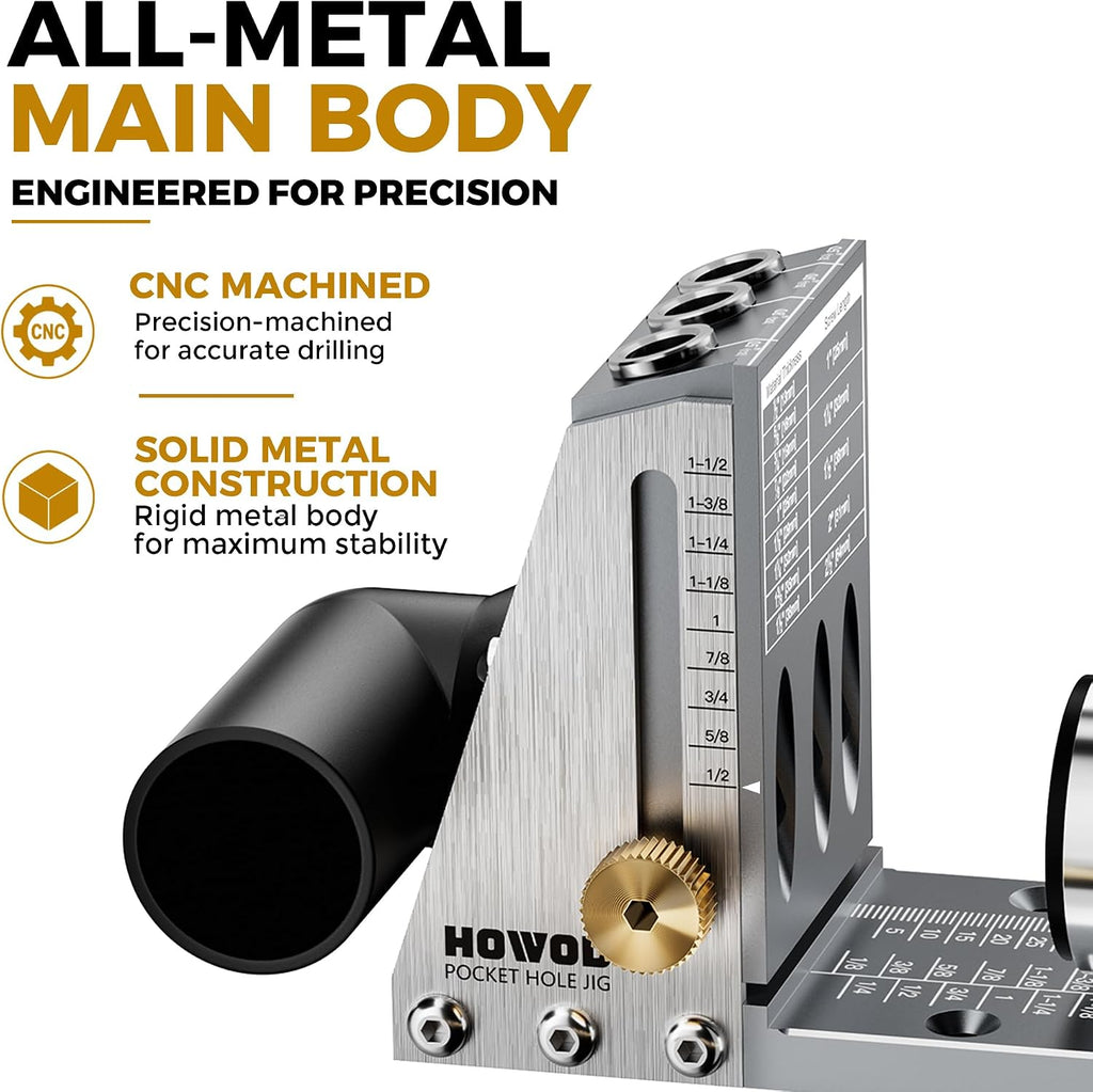 Pocket Hole Jig Kit, Professional Metal Pocket Screw Jig System | Detachable Vacuum Adapter, 3 Titanium-Coated Drill