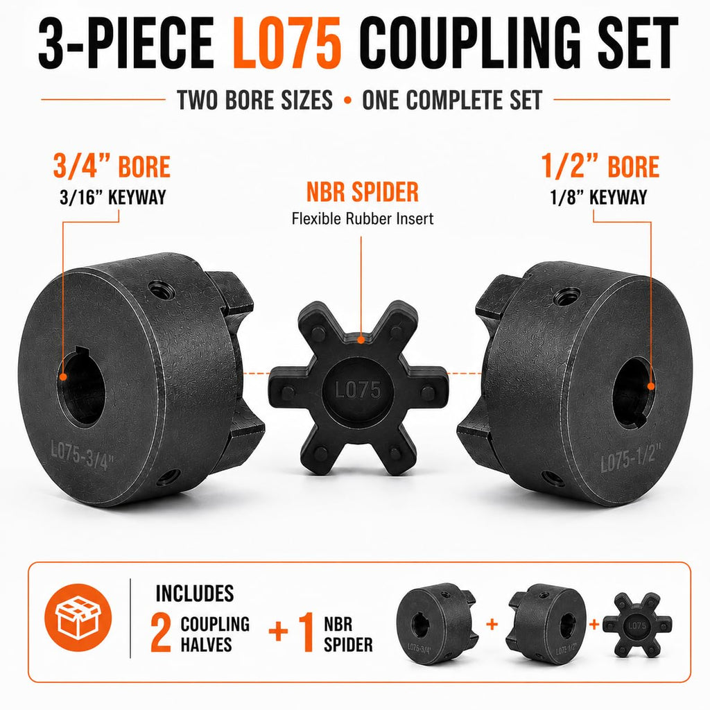 1/2" to 3/4" L075 Flexible L-Jaw Shaft Coupling Set