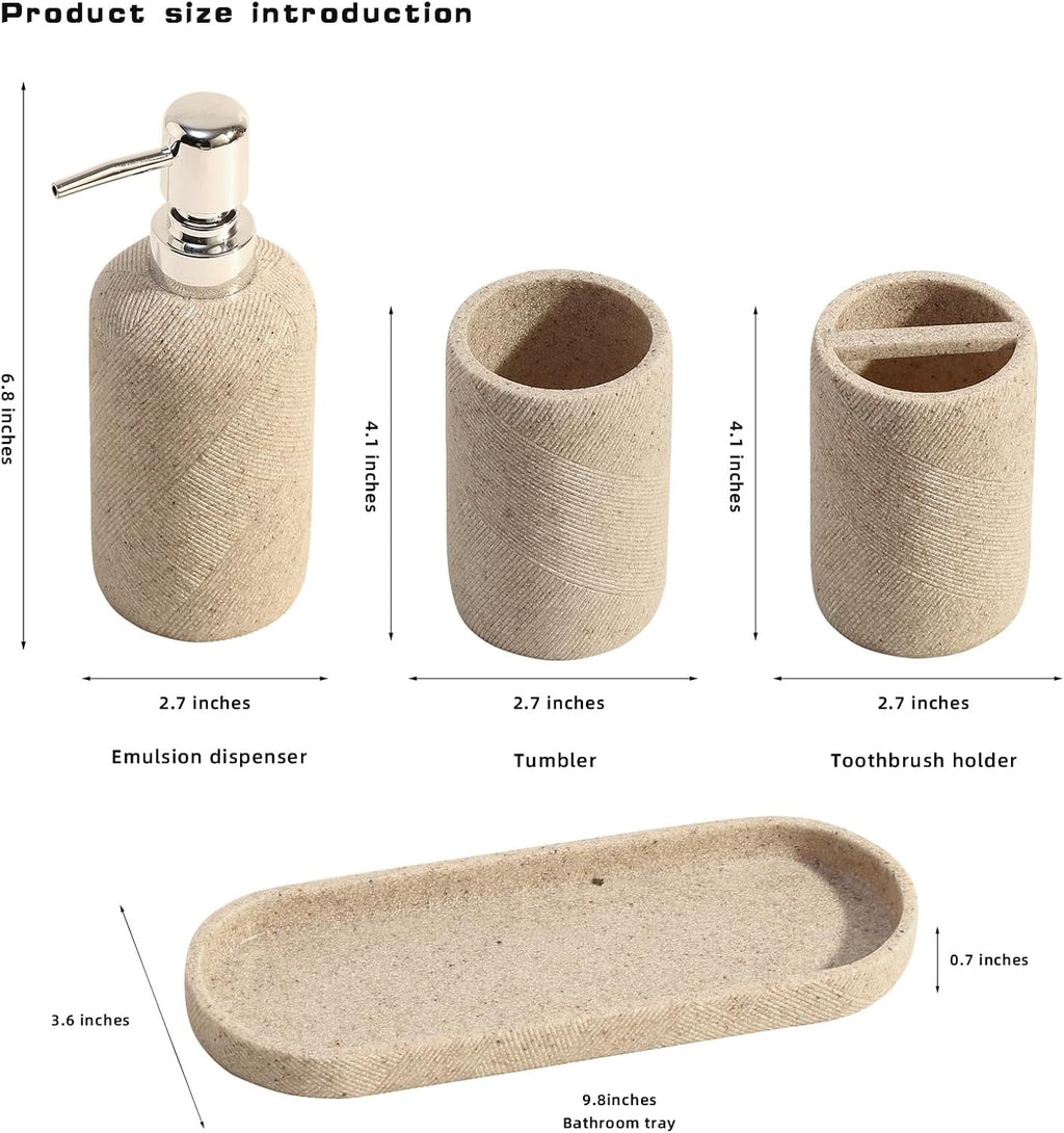 Bathroom Accessories Set,4 PCS Bathroom Organizer,Sand Stone Look,Beige | Simple, Modern Decor, Twill, With 10OZ Soap