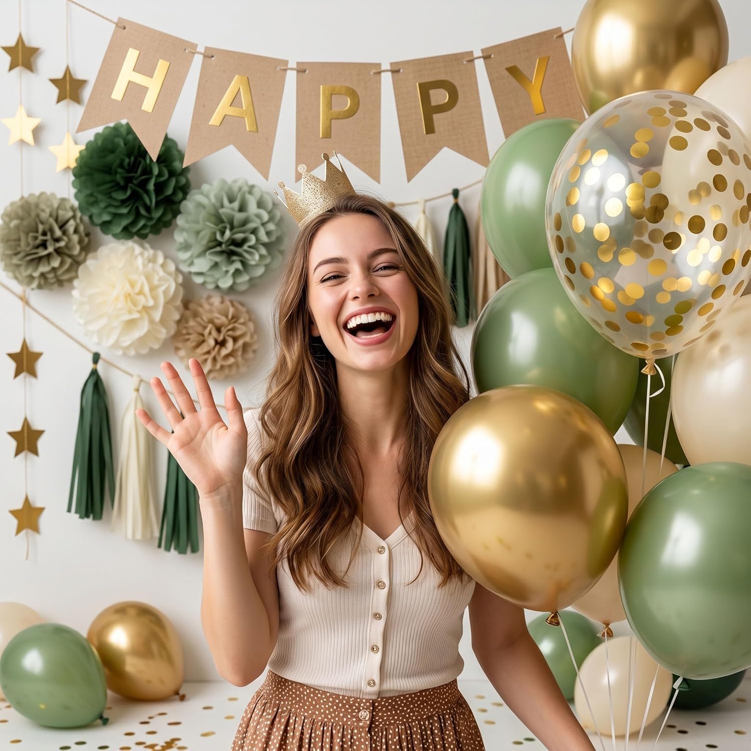 Sage Green Happy Birthday Party Decorations Retro Green Nude Ivory Dark Olive Kraft Paper Banner Balloons Neutral