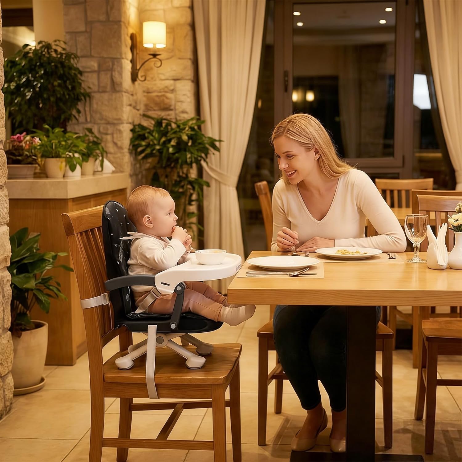 Baby Booster Seat for Dining Table with Removable Tray & Cushion, 3in1 Portable Toddler Booster Seat, 4 Height