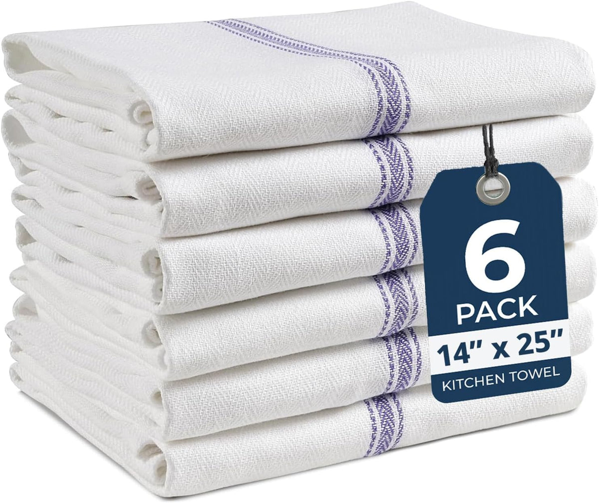 Kitchen Towels, 6 Pack 14"x25" Dish Drying Towels, 100% Cotton Tea Towel with Hanging Loop, Reusable Napkin, Durable