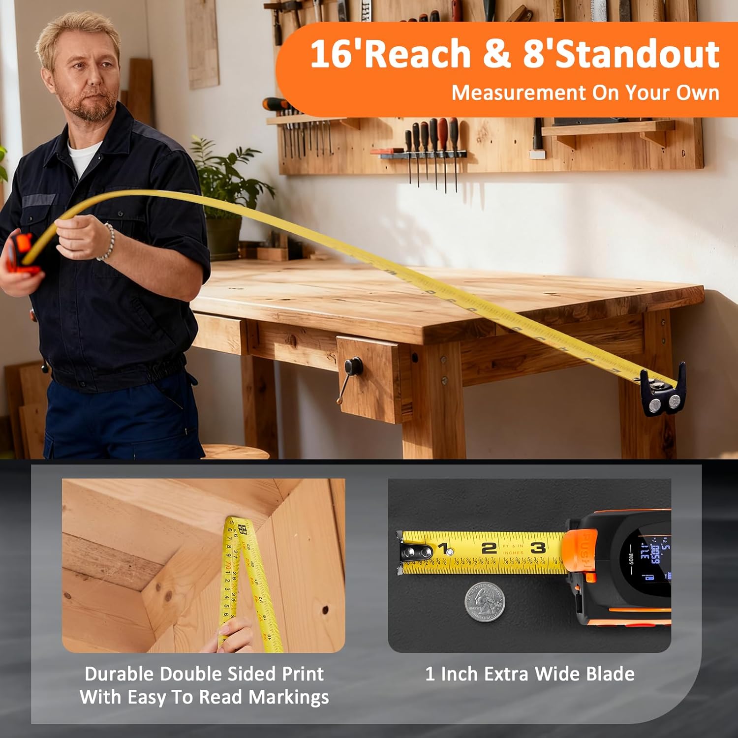 3-in-1 Laser Tape Measure, 197ft Laser Distance Meter, 16ft Digital Tape Measure, Digital Level