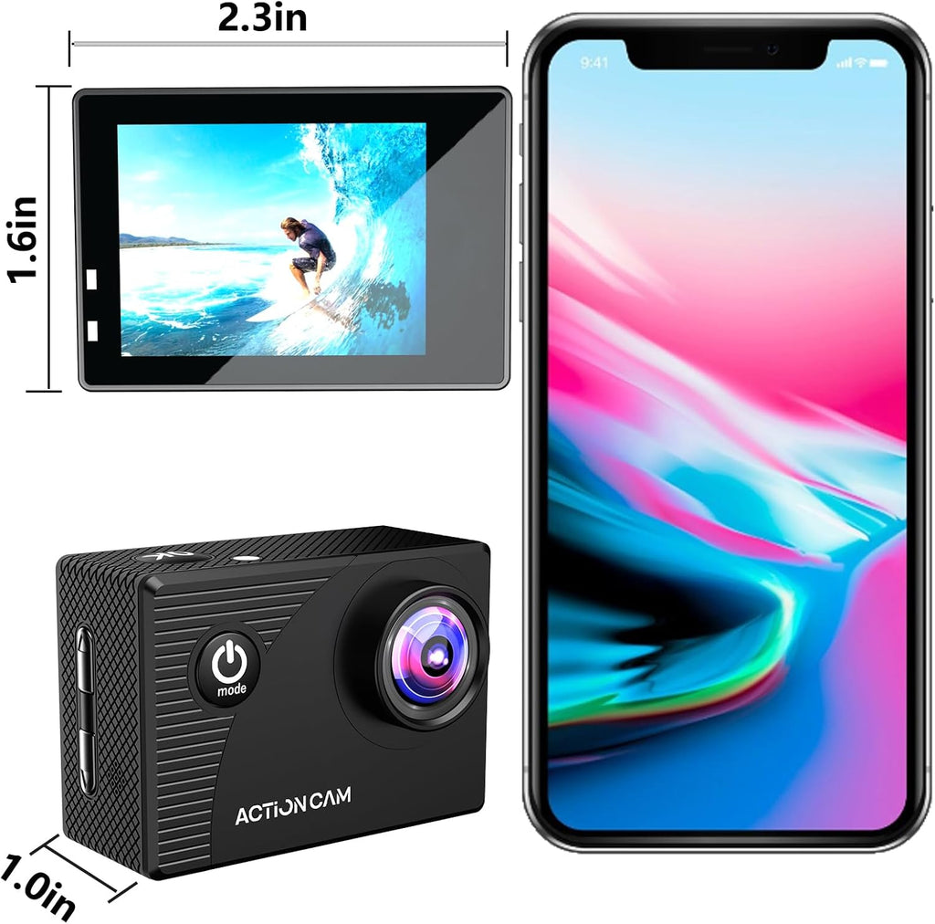 Action Camera 1080P 30fps Sports Camera 40m/131ft Underwater Waterproof with 2 Batteries and Multi-Function Accessory