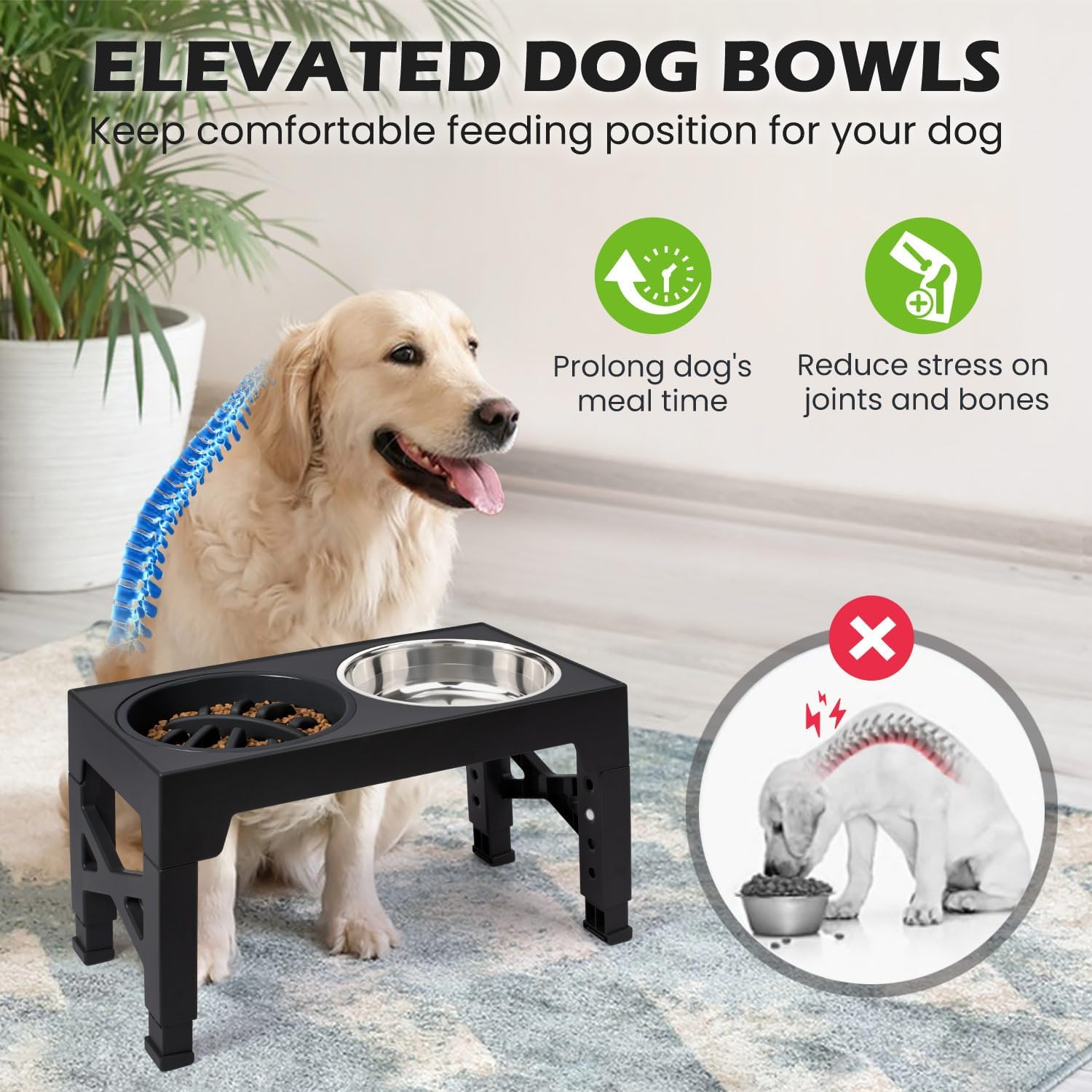 Elevated Dog Bowls - 5 Adjustable Heights Stand, 2 Stainless Steel Bowls & 1 Slow Feeder, 3.2" to 12.2" for Small to