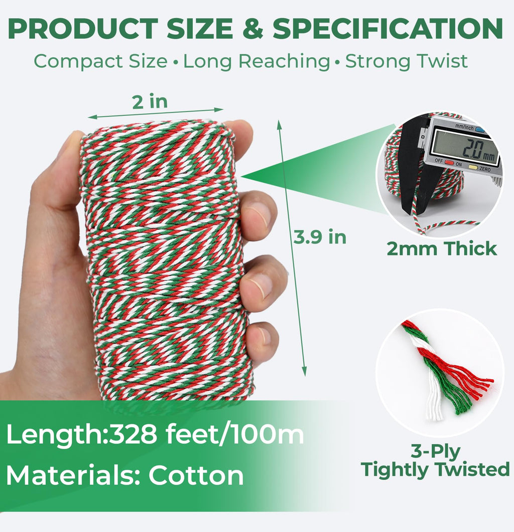 Red Green and White Cotton Twine String, 328 Feet, 2mm Thick