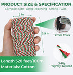 Red Green and White Cotton Twine String, 328 Feet, 2mm Thick