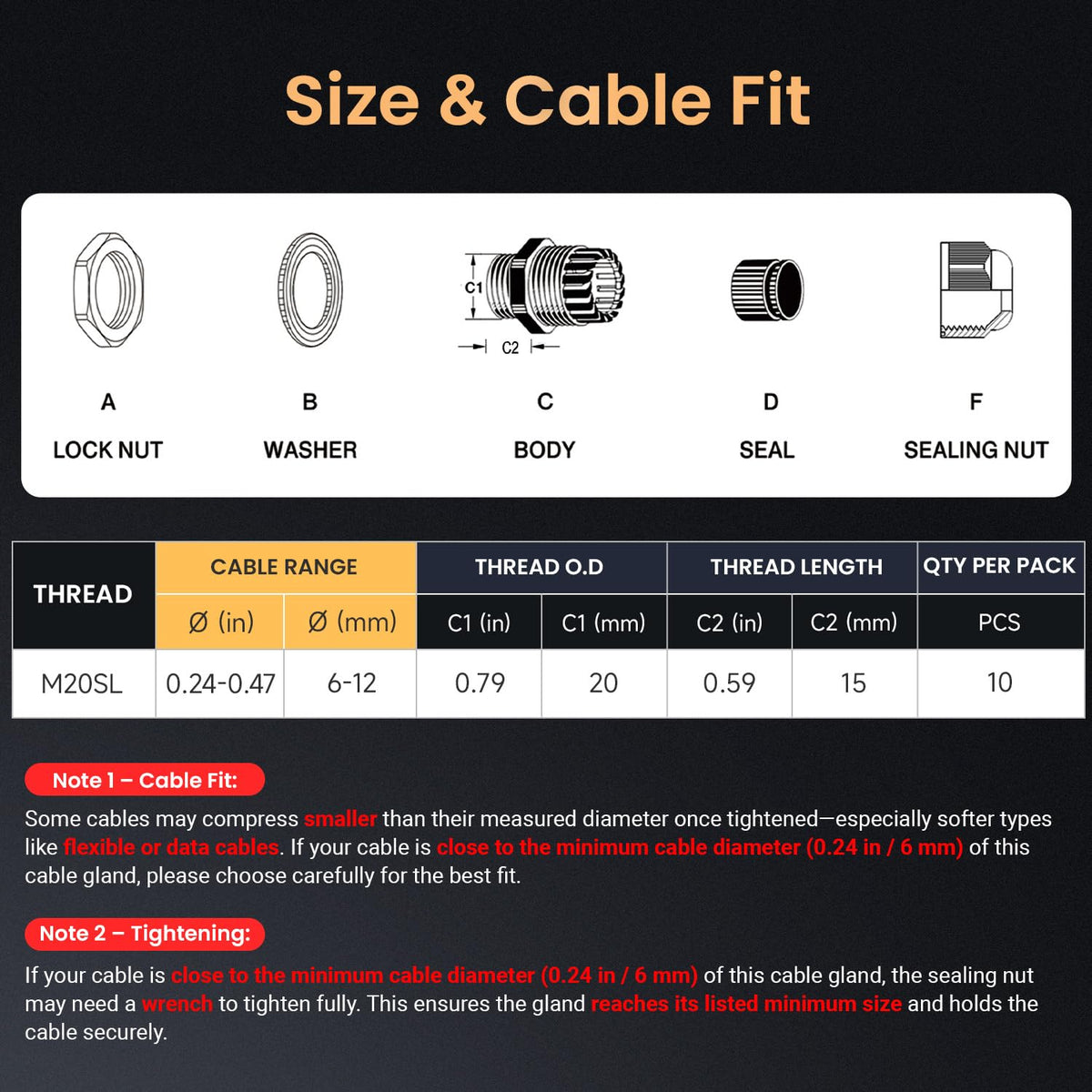 QILIPSU 10pcs M20SL Long Thread Cable Gland Waterproof IP68 Nylon Strain Relief Cord Grip Cable Pass Through Wire Connector