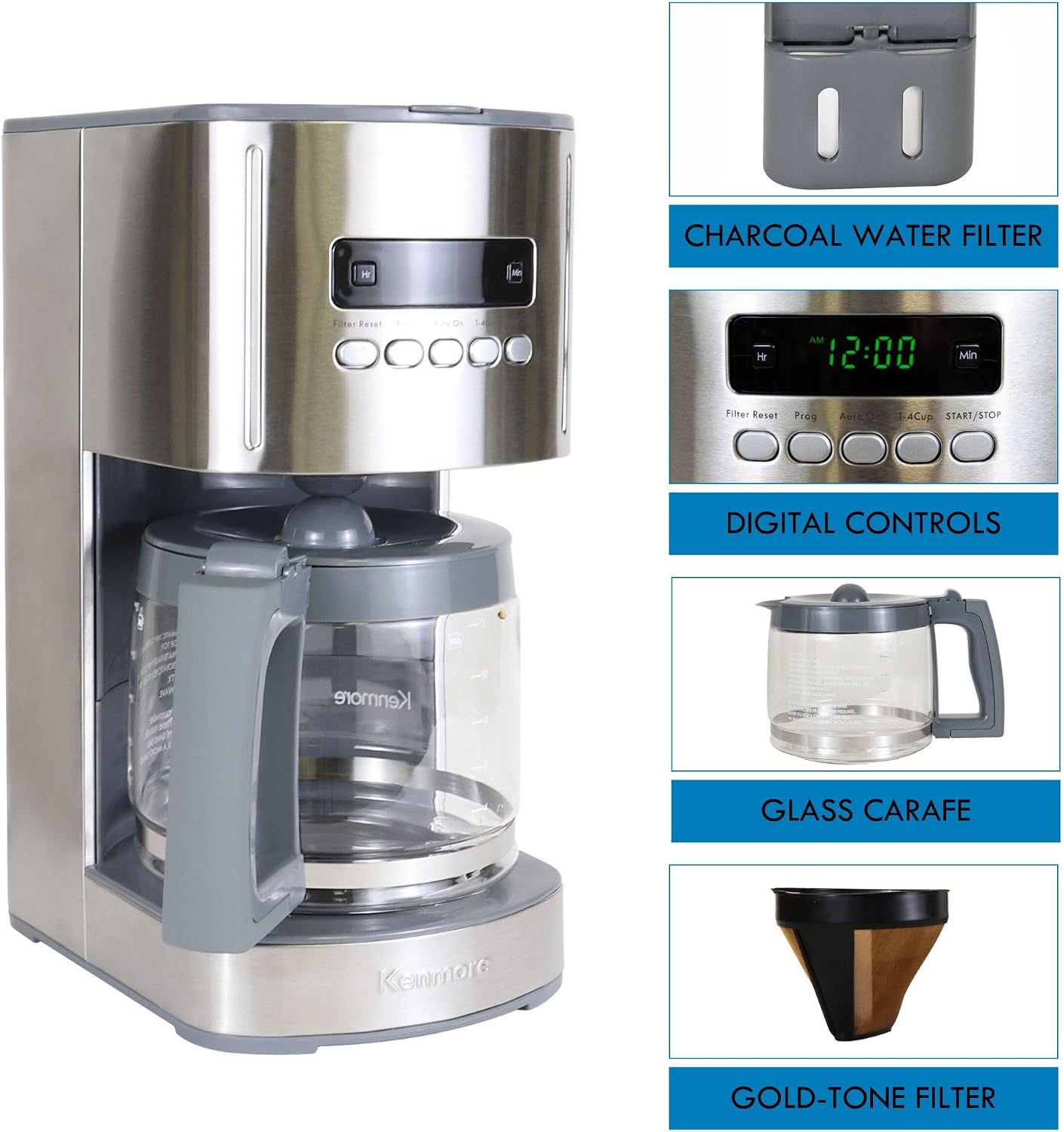 Kenmore Drip Coffee Maker - 12 Cup Programmable Cafe Machine With Glass Pot, Regular & Bold Brew, Auto Shut Off Large
