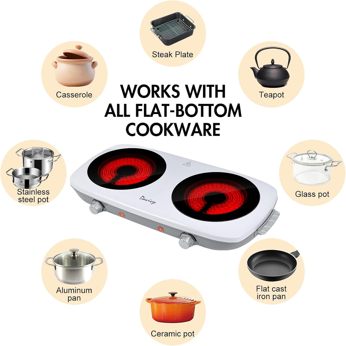 Double Burner Hot Plate Electric, 1800W Portable Electric Cooktop Burner with 7.9 Inch Crystallite Ceramic Glass