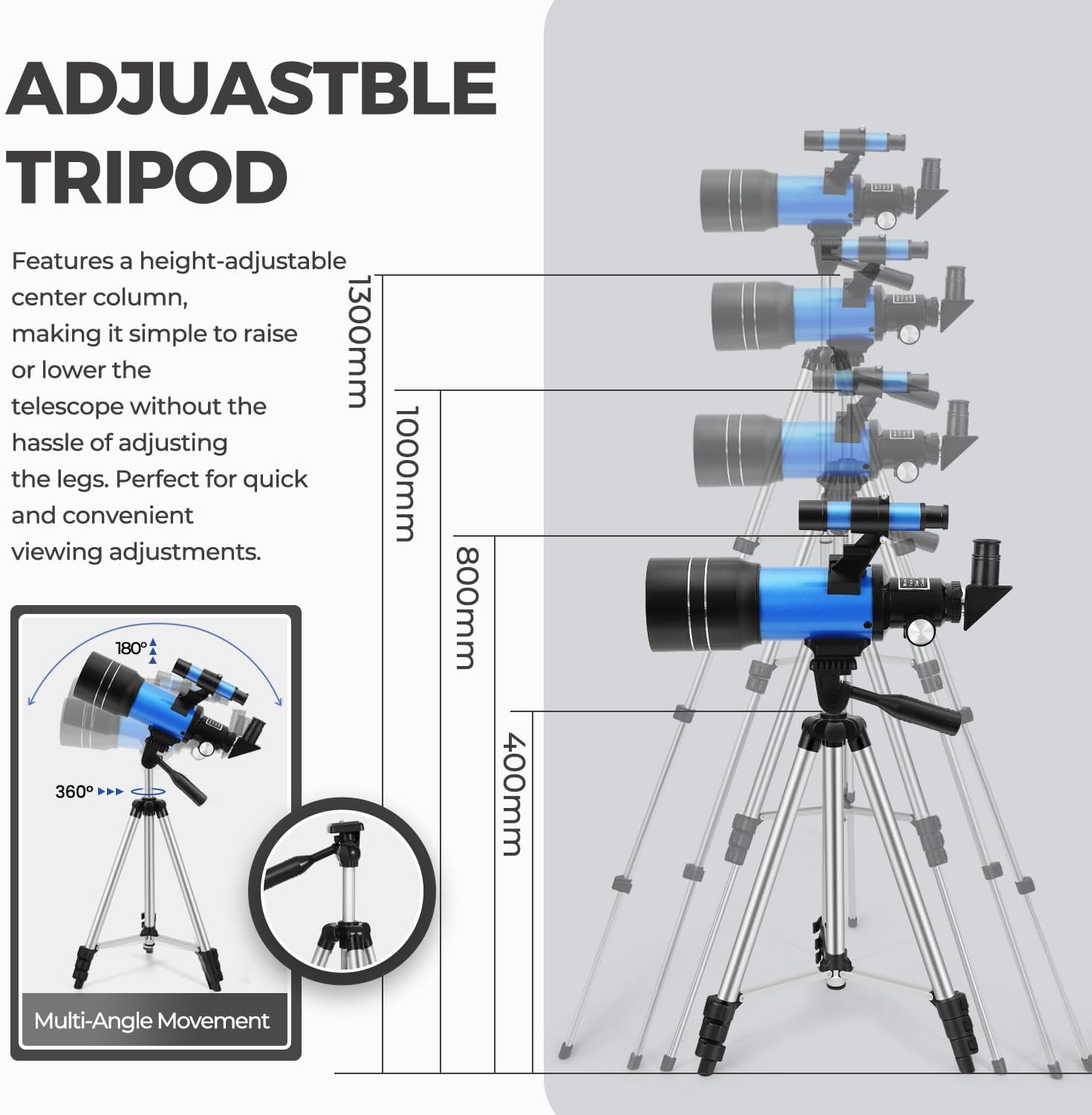 Telescope for Kids & Beginners, 70mm Aperture Portable Telescopes with 3 Eyepieces, Height Adjustable Tripod & Phone