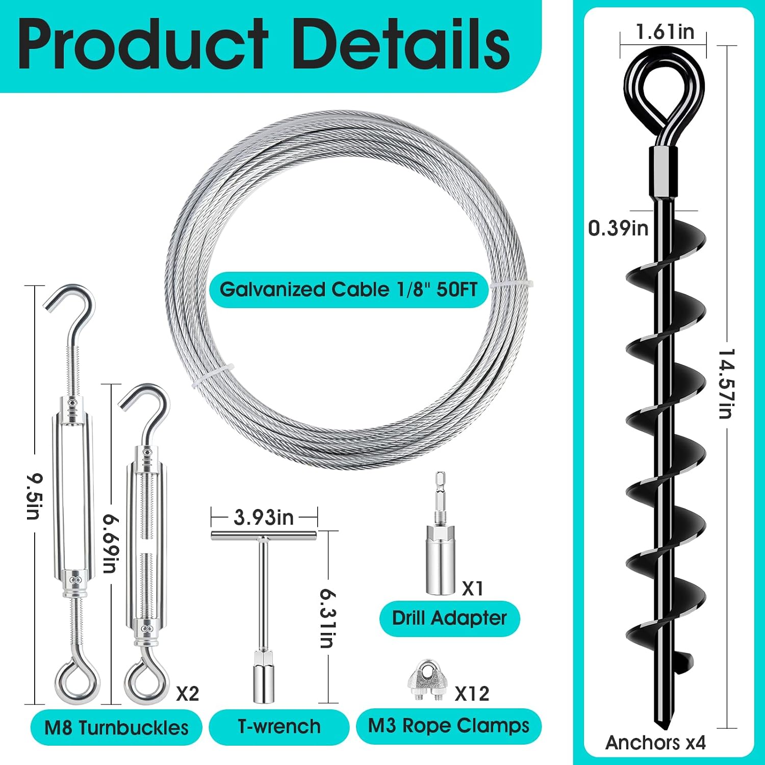 Ground Anchors Heavy Duty Shed Anchors Kit Mobile Home Anchor, 4x15in | Trampoline Anchors with 1/8" Galvanized Cable