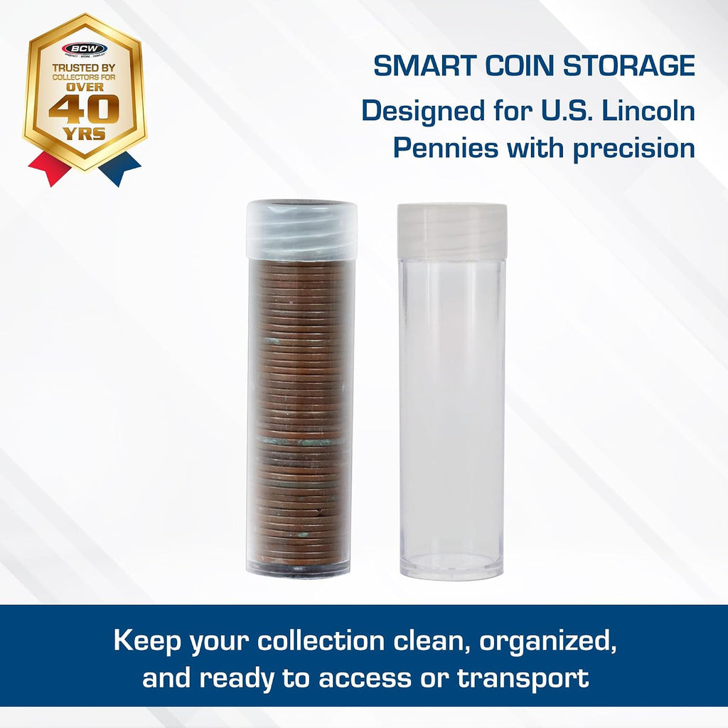 Coin Storage Tubes, Clear Plastic W/Screw on Tops for Pennies (Qty = 10 Tubes) by BCW