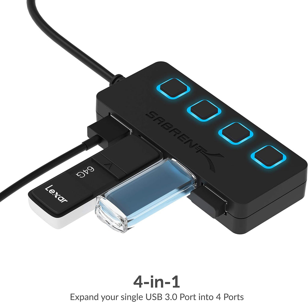 4-Port USB 3.0 Hub with Individual LED Power Switches - Slim, Portable Design - 2 Ft Cable - Fast Data Transfer