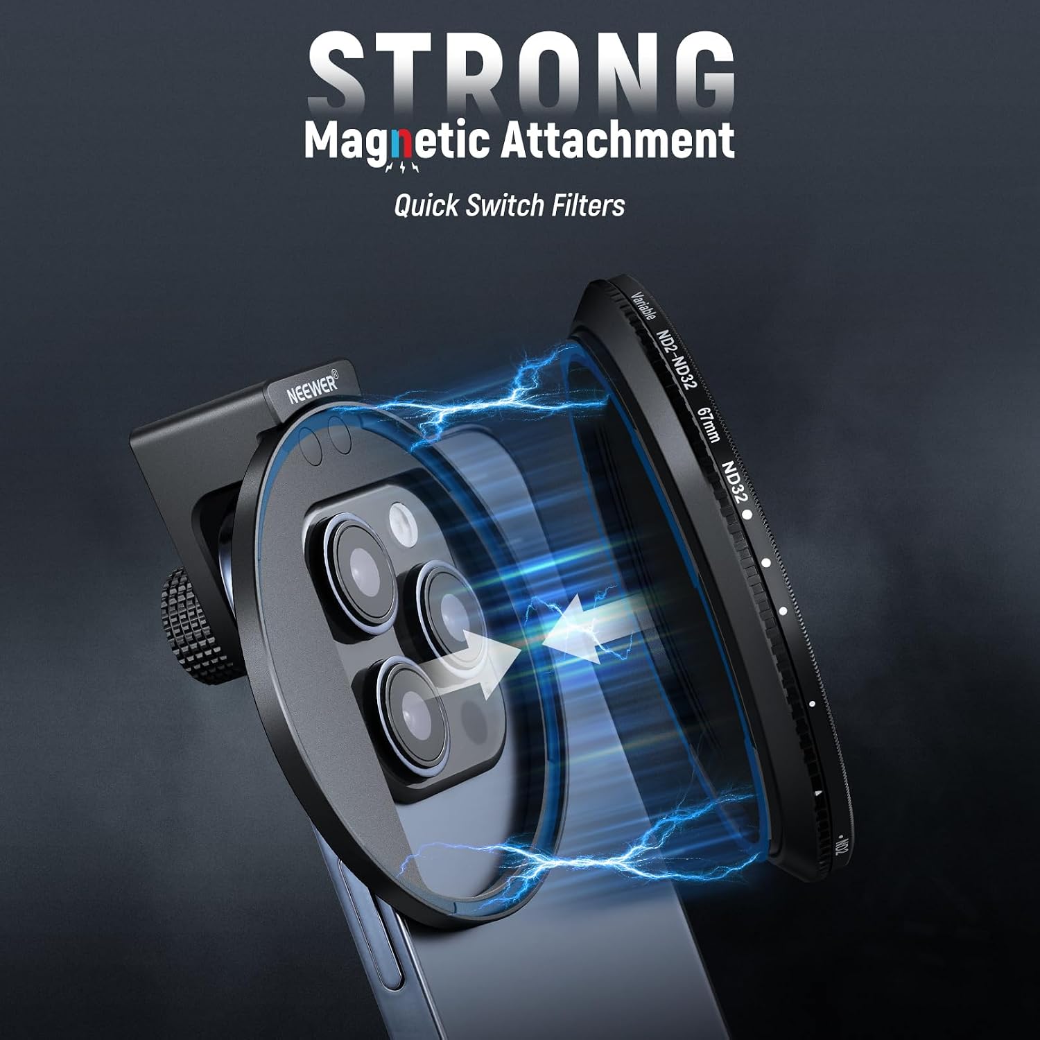 67mm Clip On Variable ND2-ND32 Phone Lens Filter Kit, Phone Clip with Magnetic Adapter Ring/Cold Shoe/Locking Knob