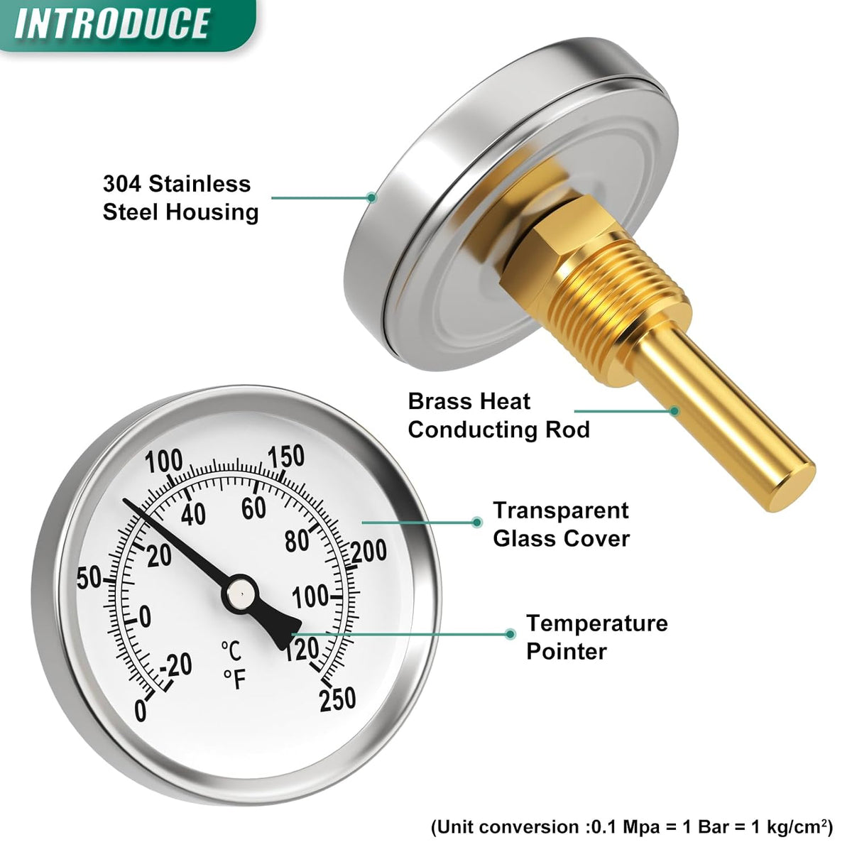 Bimetal Thermometer, 0-250°F/-20-120℃, 1/2" NPT Connection Thread