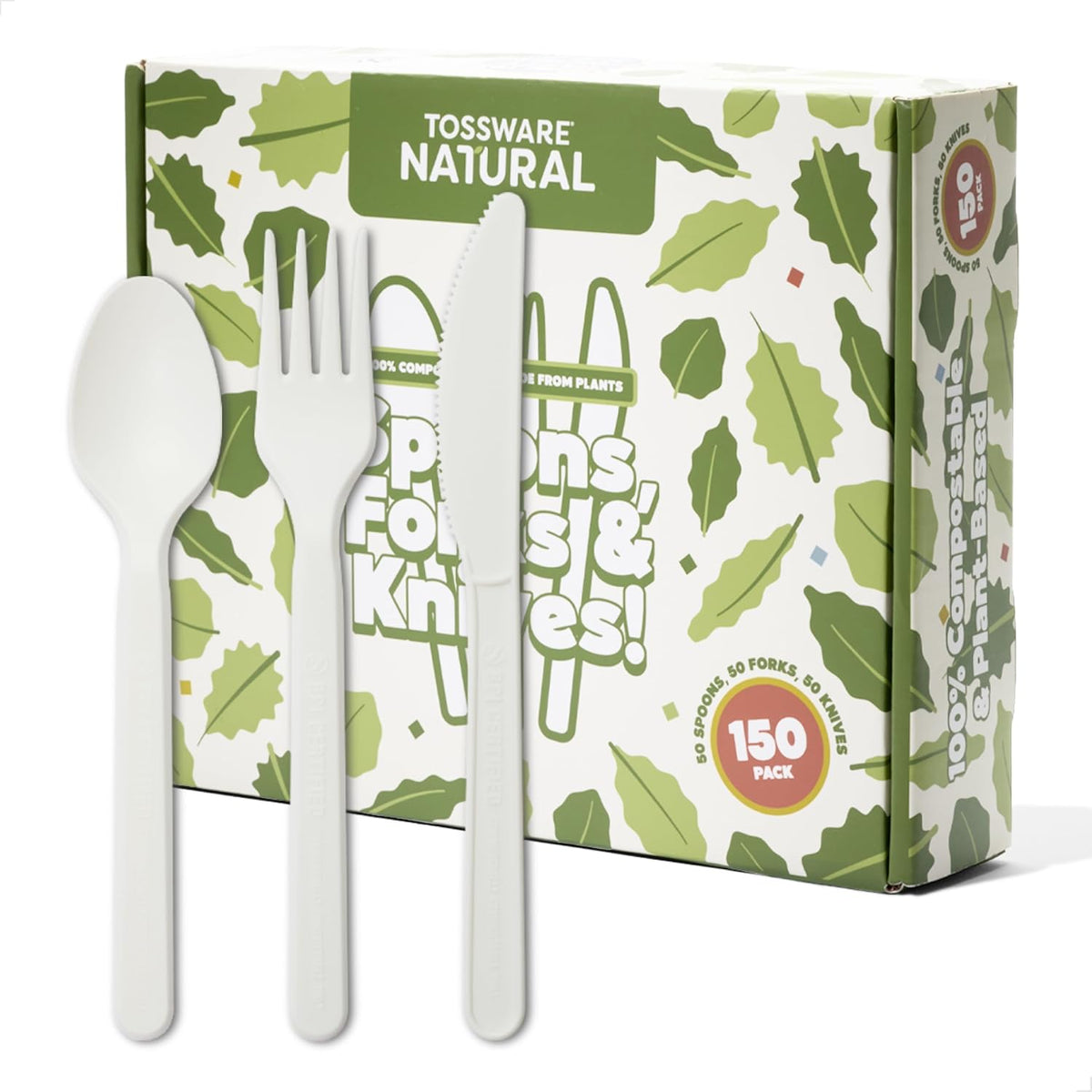 NATURAL Compostable Assorted Cutlery Set of 150 BPI Certified - Plant Based Spoon, Fork and Knife Combo, Heat
