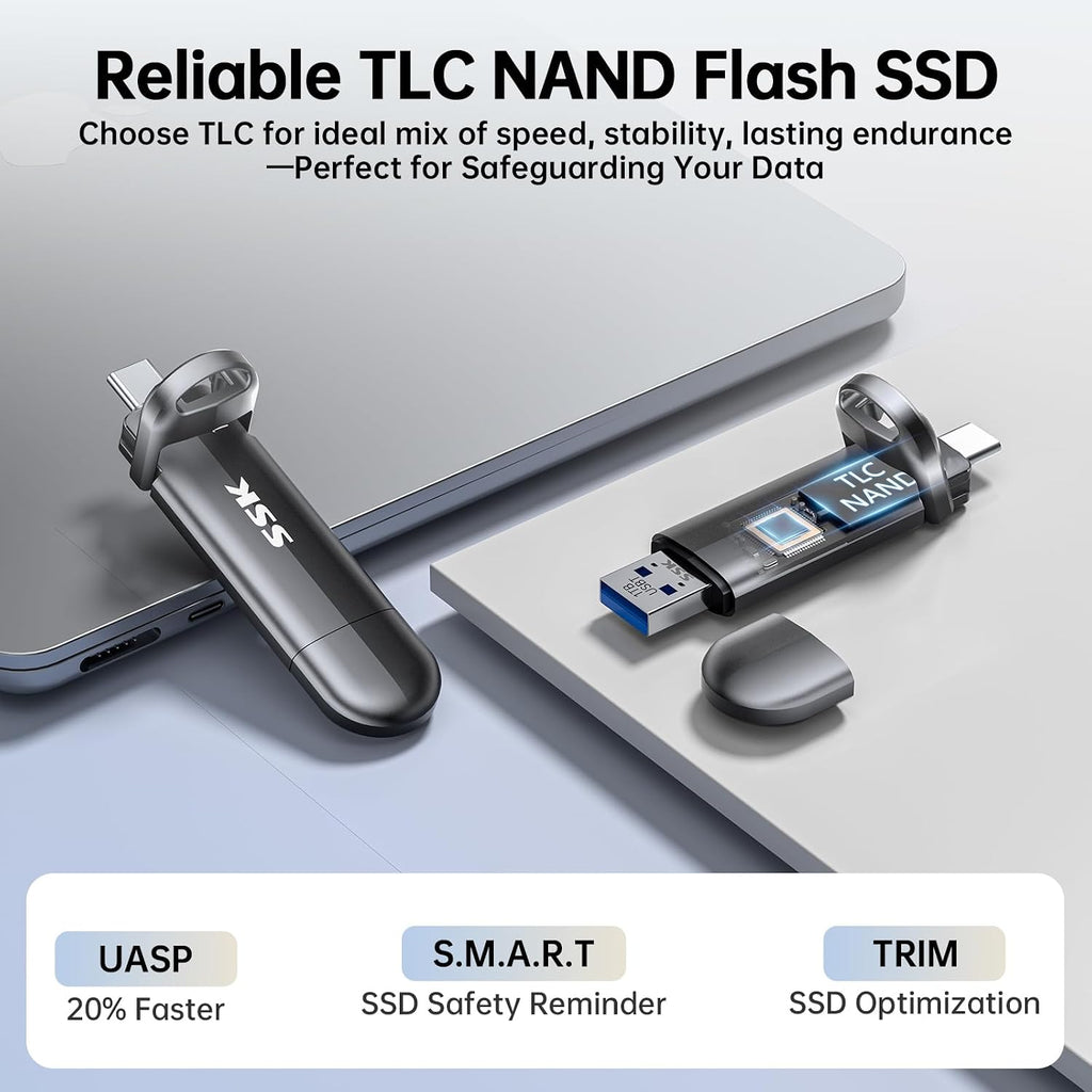 1TB USB Flash Drive SSD, External TLC NAND Solid State Drive Dual USBC & USBA Ports, Up to 1000MB/s High-Speed