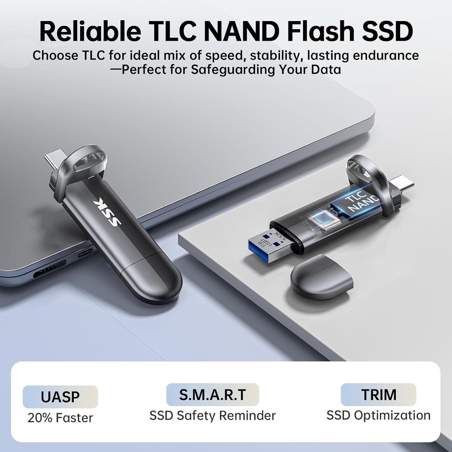 1TB USB Flash Drive SSD, External TLC NAND Solid State Drive Dual USBC & USBA Ports, Up to 1000MB/s High-Speed