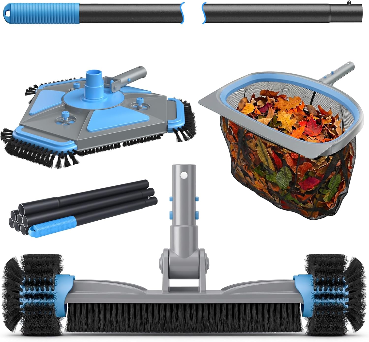 4-in-1 Deluxe Swimming Pool Cleaning Kit - Includes Upgrade Triangular Pool Vacuum Head, Detachable Brush, Deep Leaf