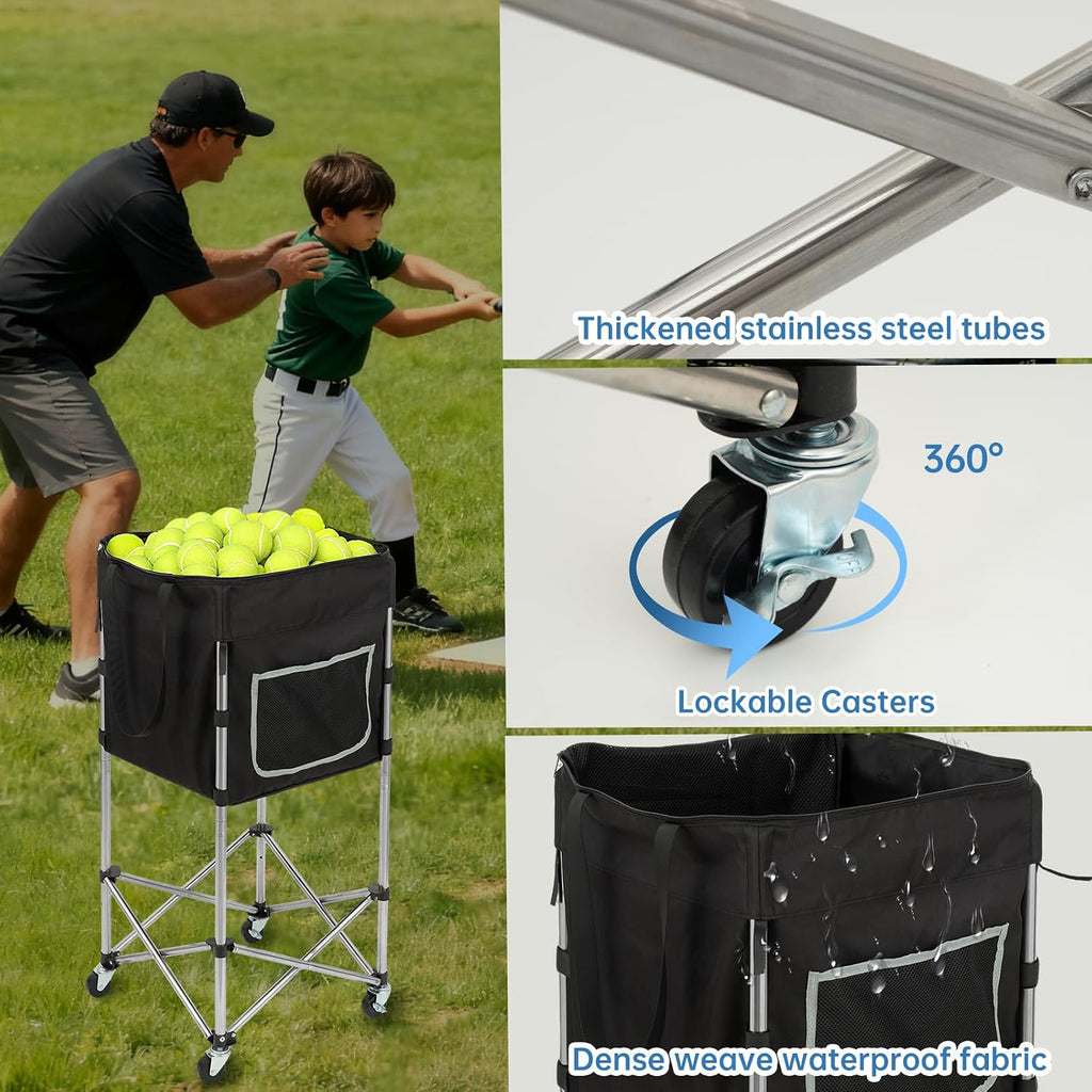 Tennis Ball Hopper with Wheels, 180 Capacity Ball Cart, Black