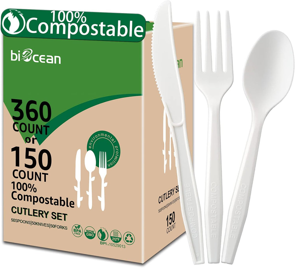 100% Compostable No Plastic Utensils - Heavy Duty Eco-Friendly Flatware for Lounge, Party, Wedding, BBQ, Picnic