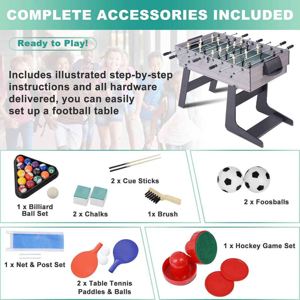 54" 4-in-1 Multi Game Table, Foldable Combo Game Table Set with Ping Pong, Hockey, Pool Billiards and Foosball for